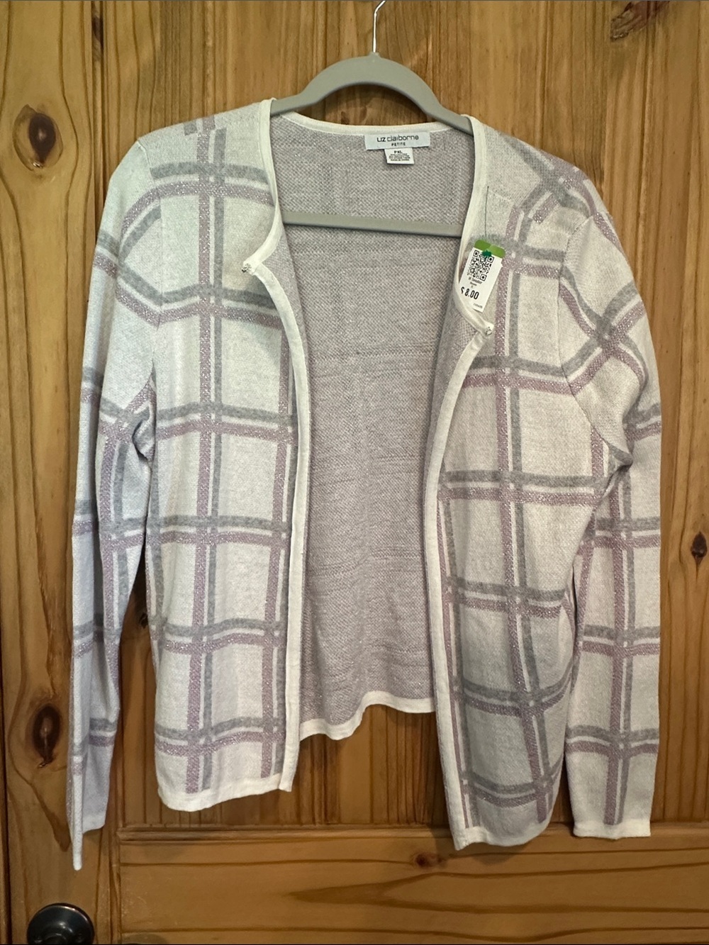 Liz Claiborne Cream and Lilac Plaid Open Cardigan